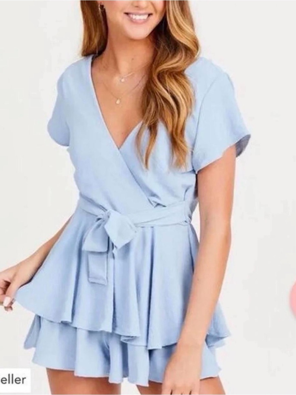 Altar'd State Light Blue V-Neck Open Back Layered Peplum Romper Small Flaw